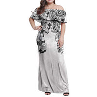 Japanese Irezumi and Hawaiian Polynesian Art Tattoo Family Matching Off Shoulder Maxi Dress and Hawaiian Shirt White Color LT03 Mom's Dress White - Polynesian Pride
