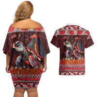 Hawaii KaʻUla Wena Volcano Turtle Couples Matching Off Shoulder Short Dress and Hawaiian Shirt Lava and Tropical Plants Tribal Pattern