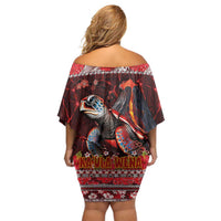 Hawaii KaUla Wena Volcano Turtle Family Matching Off Shoulder Short Dress and Hawaiian Shirt Lava and Tropical Plants Tribal Pattern LT03 - Polynesian Pride