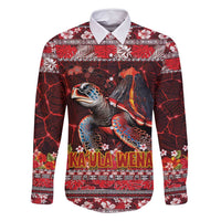 Hawaii KaUla Wena Volcano Turtle Family Matching Tank Maxi Dress and Hawaiian Shirt Lava and Tropical Plants Tribal Pattern LT03 Dad's Shirt - Long Sleeve Red - Polynesian Pride
