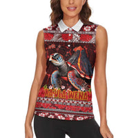Hawaii KaʻUla Wena Volcano Turtle Women Sleeveless Polo Shirt Lava and Tropical Plants Tribal Pattern