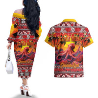 Hawaii KaUla Wena Octopus Couples Matching Off The Shoulder Long Sleeve Dress and Hawaiian Shirt Oceanic Red with Corals and Tropical On Sunset Landscape LT03 - Polynesian Pride