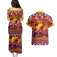 Hawaii KaʻUla Wena Octopus Couples Matching Puletasi and Hawaiian Shirt Oceanic Red with Corals and Tropical On Sunset Landscape