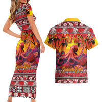 Hawaii KaUla Wena Octopus Couples Matching Short Sleeve Bodycon Dress and Hawaiian Shirt Oceanic Red with Corals and Tropical On Sunset Landscape LT03 - Polynesian Pride