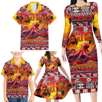 Hawaii KaUla Wena Octopus Family Matching Long Sleeve Bodycon Dress and Hawaiian Shirt Oceanic Red with Corals and Tropical On Sunset Landscape LT03 - Polynesian Pride