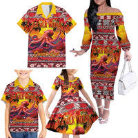 Hawaii KaUla Wena Octopus Family Matching Off The Shoulder Long Sleeve Dress and Hawaiian Shirt Oceanic Red with Corals and Tropical On Sunset Landscape LT03 - Polynesian Pride