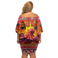 Hawaii KaUla Wena Octopus Family Matching Off Shoulder Short Dress and Hawaiian Shirt Oceanic Red with Corals and Tropical On Sunset Landscape LT03 - Polynesian Pride