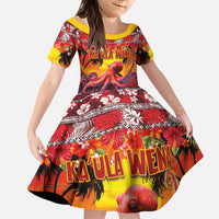 Hawaii KaUla Wena Octopus Family Matching Puletasi and Hawaiian Shirt Oceanic Red with Corals and Tropical On Sunset Landscape LT03 Daughter's Dress Red - Polynesian Pride