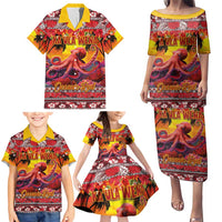 Hawaii KaUla Wena Octopus Family Matching Puletasi and Hawaiian Shirt Oceanic Red with Corals and Tropical On Sunset Landscape LT03 - Polynesian Pride