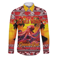 Hawaii KaUla Wena Octopus Family Matching Puletasi and Hawaiian Shirt Oceanic Red with Corals and Tropical On Sunset Landscape LT03 Dad's Shirt - Long Sleeve Red - Polynesian Pride