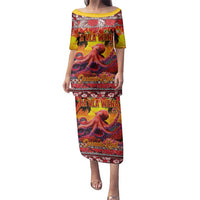 Hawaii KaUla Wena Octopus Family Matching Puletasi and Hawaiian Shirt Oceanic Red with Corals and Tropical On Sunset Landscape LT03 Mom's Dress Red - Polynesian Pride
