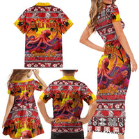 Hawaii KaUla Wena Octopus Family Matching Short Sleeve Bodycon Dress and Hawaiian Shirt Oceanic Red with Corals and Tropical On Sunset Landscape LT03 - Polynesian Pride
