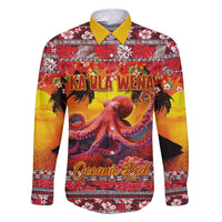 Hawaii KaUla Wena Octopus Family Matching Short Sleeve Bodycon Dress and Hawaiian Shirt Oceanic Red with Corals and Tropical On Sunset Landscape LT03 Dad's Shirt - Long Sleeve Red - Polynesian Pride
