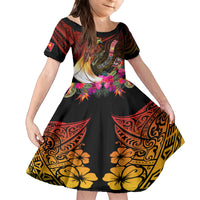 Papua New Guinea Bird-of-Paradise Family Matching Tank Maxi Dress and Hawaiian Shirt Hibiscus and Kundu Drum Tribal Pattern LT03 Daughter's Dress Yellow - Polynesian Pride