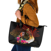 Papua New Guinea Bird-of-Paradise Leather Tote Bag Hibiscus and Kundu Drum Tribal Pattern