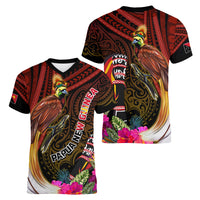 Papua New Guinea Bird-of-Paradise Women V Neck T Shirt Hibiscus and Kundu Drum Tribal Pattern LT03 - Polynesian Pride