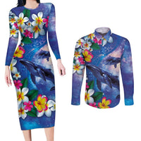 Hawaiian Lei Day Plumeria Humpback Whales Couples Matching Long Sleeve Bodycon Dress and Long Sleeve Button Shirt Polynesian Art Vibrant Starry Nebula Style LT03 Art - Polynesian Pride