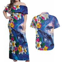 Hawaiian Lei Day Plumeria Humpback Whales Couples Matching Off Shoulder Maxi Dress and Hawaiian Shirt Polynesian Art Vibrant Starry Nebula Style LT03 Art - Polynesian Pride