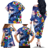 Hawaiian Lei Day Plumeria Humpback Whales Family Matching Off The Shoulder Long Sleeve Dress and Hawaiian Shirt Polynesian Art Vibrant Starry Nebula Style LT03 - Polynesian Pride