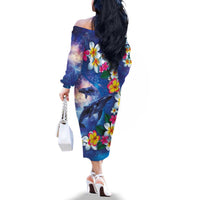 Hawaiian Lei Day Plumeria Humpback Whales Family Matching Off The Shoulder Long Sleeve Dress and Hawaiian Shirt Polynesian Art Vibrant Starry Nebula Style LT03 - Polynesian Pride