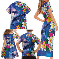 Hawaiian Lei Day Plumeria Humpback Whales Family Matching Short Sleeve Bodycon Dress and Hawaiian Shirt Polynesian Art Vibrant Starry Nebula Style LT03 - Polynesian Pride