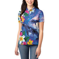 Hawaiian Lei Day Plumeria Humpback Whales Women Polo Shirt Polynesian Art Vibrant Starry Nebula Style LT03 - Polynesian Pride