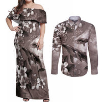 Hawaiian Lei Day Plumeria Humpback Whales Couples Matching Off Shoulder Maxi Dress and Long Sleeve Button Shirt Polynesian Art Vibrant Starry Nebula Grayscale Style LT03 Art - Polynesian Pride