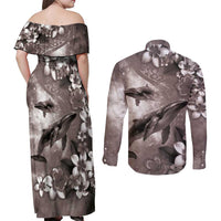 Hawaiian Lei Day Plumeria Humpback Whales Couples Matching Off Shoulder Maxi Dress and Long Sleeve Button Shirt Polynesian Art Vibrant Starry Nebula Grayscale Style LT03 - Polynesian Pride