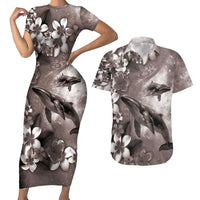 Hawaiian Lei Day Plumeria Humpback Whales Couples Matching Short Sleeve Bodycon Dress and Hawaiian Shirt Polynesian Art Vibrant Starry Nebula Grayscale Style LT03 Art - Polynesian Pride