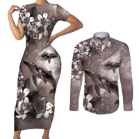 Hawaiian Lei Day Plumeria Humpback Whales Couples Matching Short Sleeve Bodycon Dress and Long Sleeve Button Shirt Polynesian Art Vibrant Starry Nebula Grayscale Style LT03 Art - Polynesian Pride