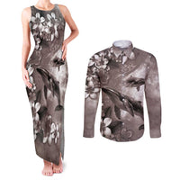 Hawaiian Lei Day Plumeria Humpback Whales Couples Matching Tank Maxi Dress and Long Sleeve Button Shirt Polynesian Art Vibrant Starry Nebula Grayscale Style LT03 Art - Polynesian Pride