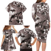 Hawaiian Lei Day Plumeria Humpback Whales Family Matching Long Sleeve Bodycon Dress and Hawaiian Shirt Polynesian Art Vibrant Starry Nebula Grayscale Style LT03 - Polynesian Pride