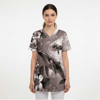 Hawaiian Lei Day Plumeria Humpback Whales Scrub Top Polynesian Art Vibrant Starry Nebula Grayscale Style - Polynesian Pride