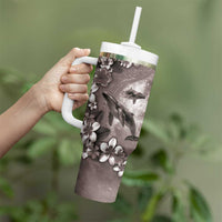 Hawaiian Lei Day Plumeria Humpback Whales Tumbler With Handle Polynesian Art Vibrant Starry Nebula Grayscale Style