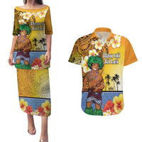 Happy Lei Day Couples Matching Puletasi and Hawaiian Shirt Hula Male Dancer Polynesian Flower Kakau Pattern LT03 Yellow - Polynesian Pride