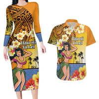 Happy Lei Day Couples Matching Long Sleeve Bodycon Dress and Hawaiian Shirt Hula Girl Polynesian Flower Kakau Pattern LT03 Yellow - Polynesian Pride