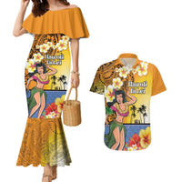 Happy Lei Day Couples Matching Mermaid Dress and Hawaiian Shirt Hula Girl Polynesian Flower Kakau Pattern LT03 Yellow - Polynesian Pride