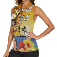 Happy Lei Day Women Sleeveless Polo Shirt Hula Girl Polynesian Flower Kakau Pattern