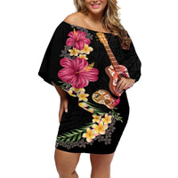 Ukulele mix Polynesian Flower Off Shoulder Short Dress Hawaiian Tribal Pattern LT03 Women Black - Polynesian Pride