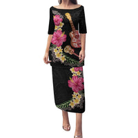 Ukulele mix Polynesian Flower Puletasi Hawaiian Tribal Pattern LT03 Long Dress Black - Polynesian Pride