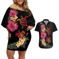 Hawaiian Flower and Tribal Turtle Couples Matching Off Shoulder Short Dress and Hawaiian Shirt Colorful Style LT03 Black - Polynesian Pride