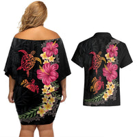 Hawaiian Flower and Tribal Turtle Couples Matching Off Shoulder Short Dress and Hawaiian Shirt Colorful Style LT03 - Polynesian Pride