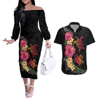 Hawaiian Flower and Tribal Turtle Couples Matching Off The Shoulder Long Sleeve Dress and Hawaiian Shirt Colorful Style LT03 Black - Polynesian Pride