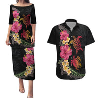 Hawaiian Flower and Tribal Turtle Couples Matching Puletasi and Hawaiian Shirt Colorful Style