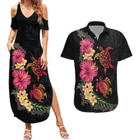 Hawaiian Flower and Tribal Turtle Couples Matching Summer Maxi Dress and Hawaiian Shirt Colorful Style LT03 Black - Polynesian Pride