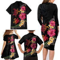 Hawaiian Flower and Tribal Turtle Family Matching Long Sleeve Bodycon Dress and Hawaiian Shirt Colorful Style LT03 - Polynesian Pride