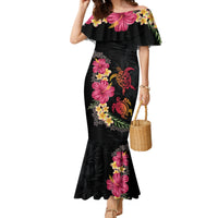 Hawaiian Flower and Tribal Turtle Family Matching Mermaid Dress and Hawaiian Shirt Colorful Style LT03 Mom's Dress Black - Polynesian Pride