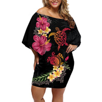 Hawaiian Flower and Tribal Turtle Family Matching Off Shoulder Short Dress and Hawaiian Shirt Colorful Style LT03 Mom's Dress Black - Polynesian Pride