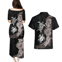Hawaiian Flower and Tribal Turtle Couples Matching Puletasi and Hawaiian Shirt Grayscale Mode