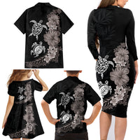 Hawaiian Flower and Tribal Turtle Family Matching Long Sleeve Bodycon Dress and Hawaiian Shirt Grayscale Mode LT03 - Polynesian Pride